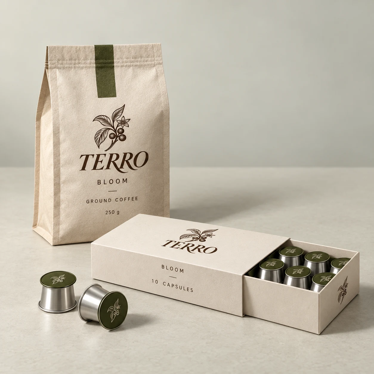 TERRO Bloom ground coffee pouch, capsule box and metal capsules