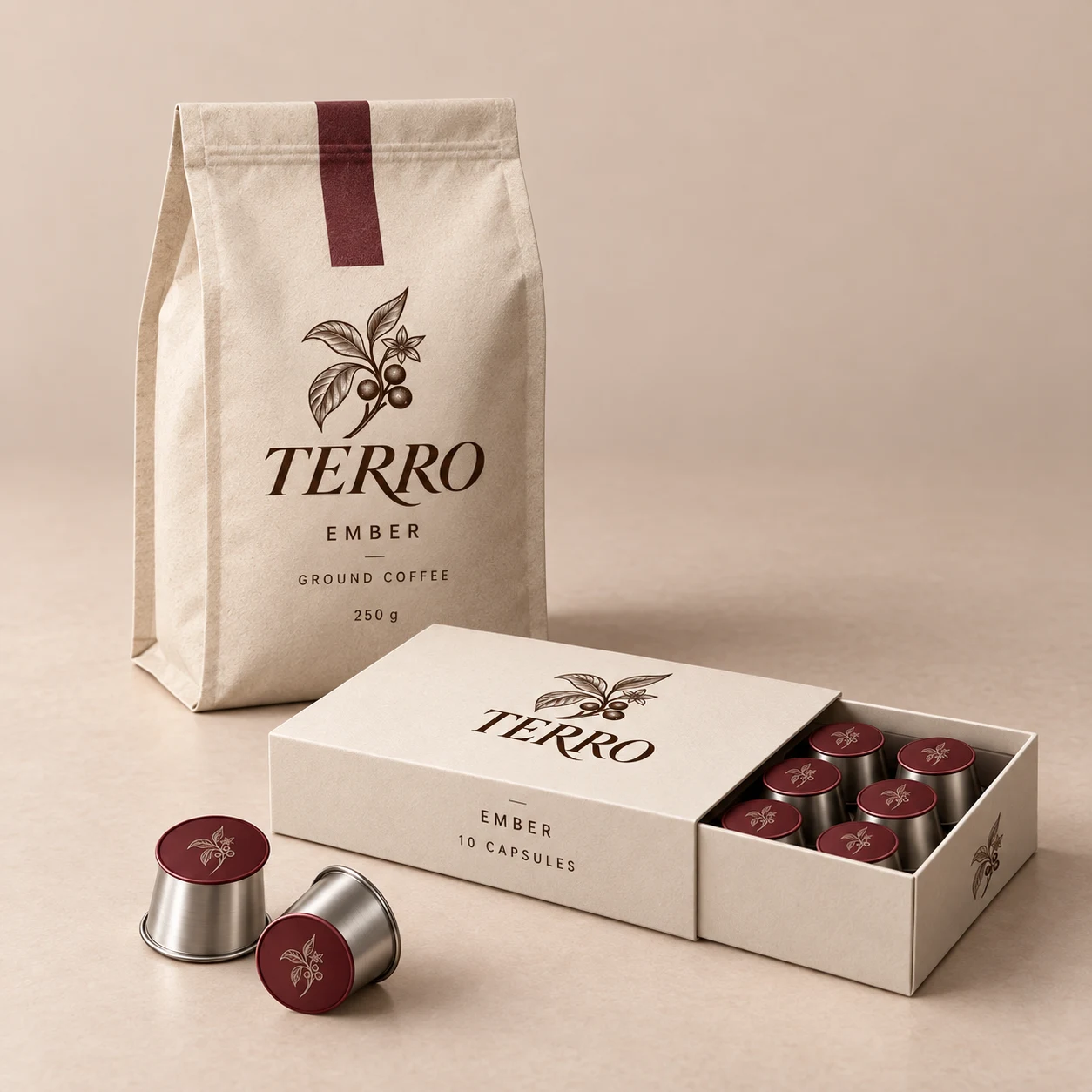 TERRO Ember ground coffee pouch, capsule box and metal capsules