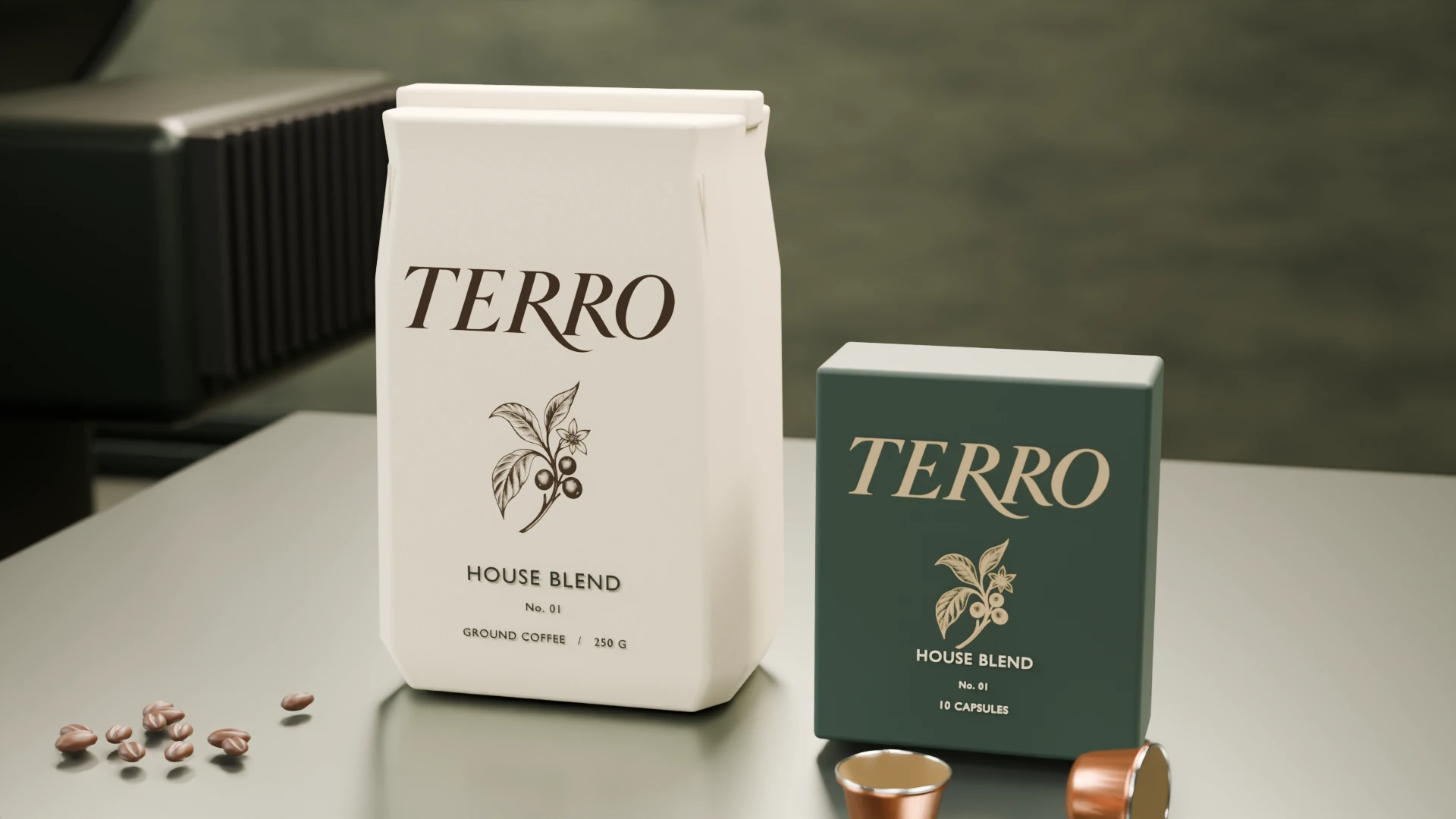 TERRO House Blend ground coffee pouch, capsule box and metal capsules