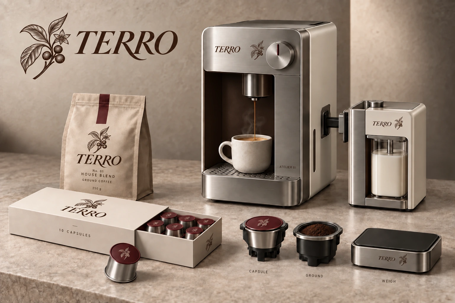 TERRO collection: ATELIER 01 with a milk module, coffee packs and capsules
